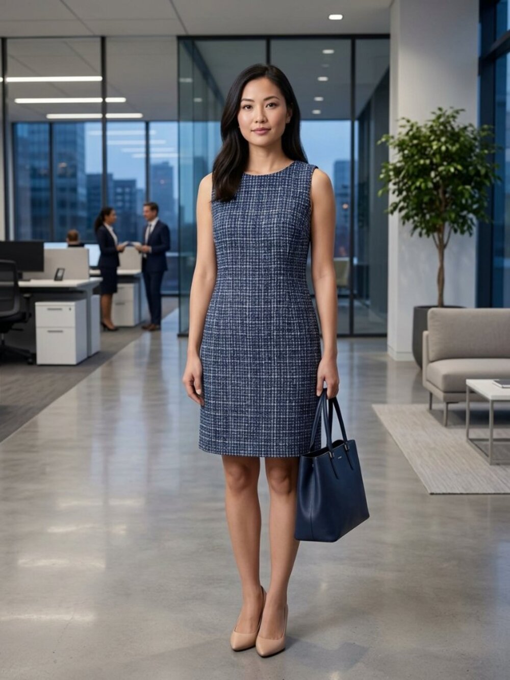 Lands' End Navy Blue White Tweed Sleeveless Shift Career Dress L Petite